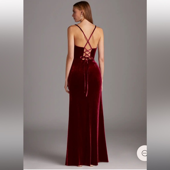Azazie Fitted Cowl Neckline Corset Velvet Long Dress Cabernet - Picture 2 of 7